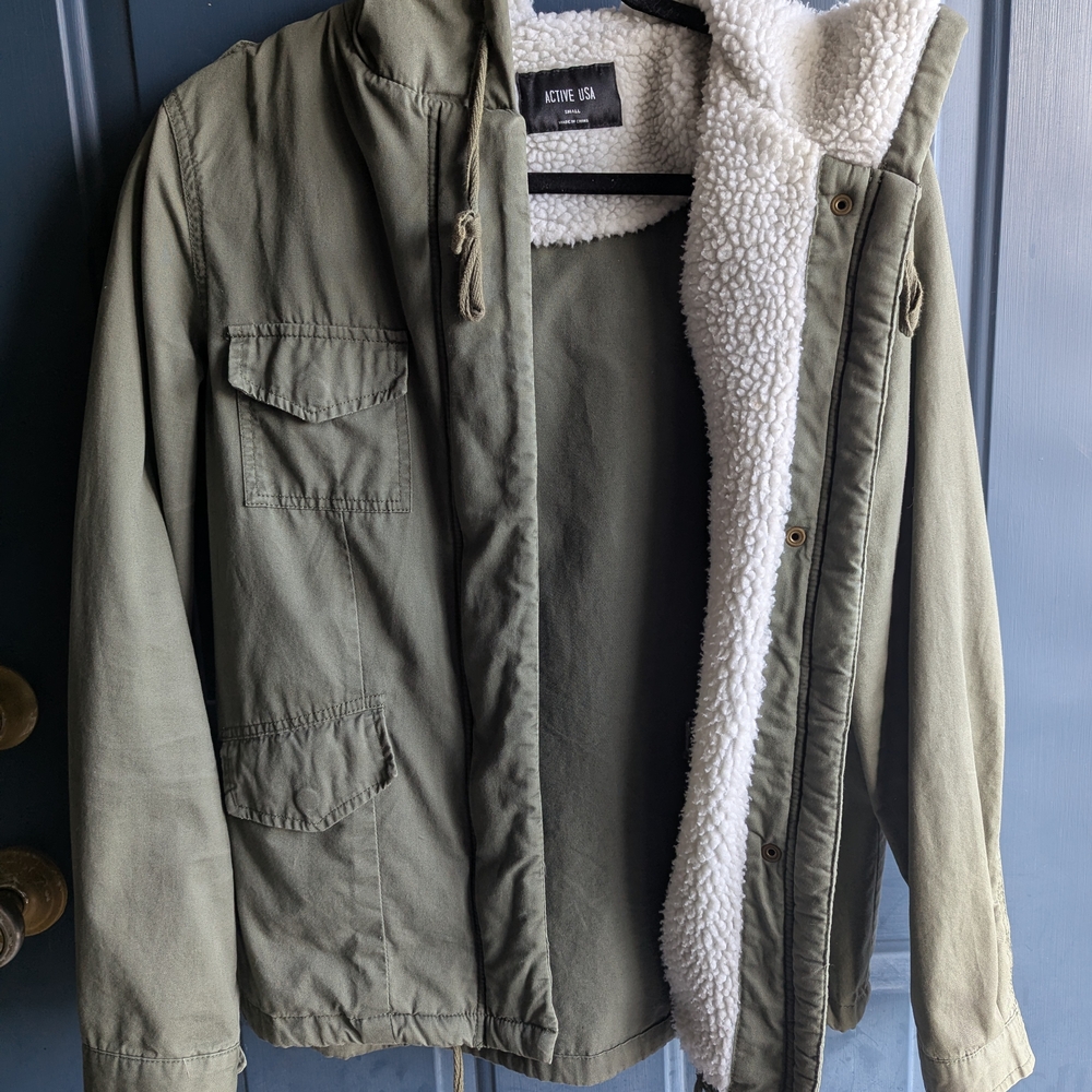Active USA Olive Green Jacket with White Sherpa Lining